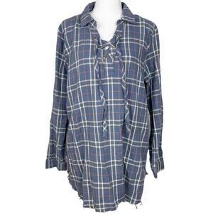 JODIFL | Blue Plaid Lace Up Neckline Long Sleeve Raw Hem Flannel Shirt M
